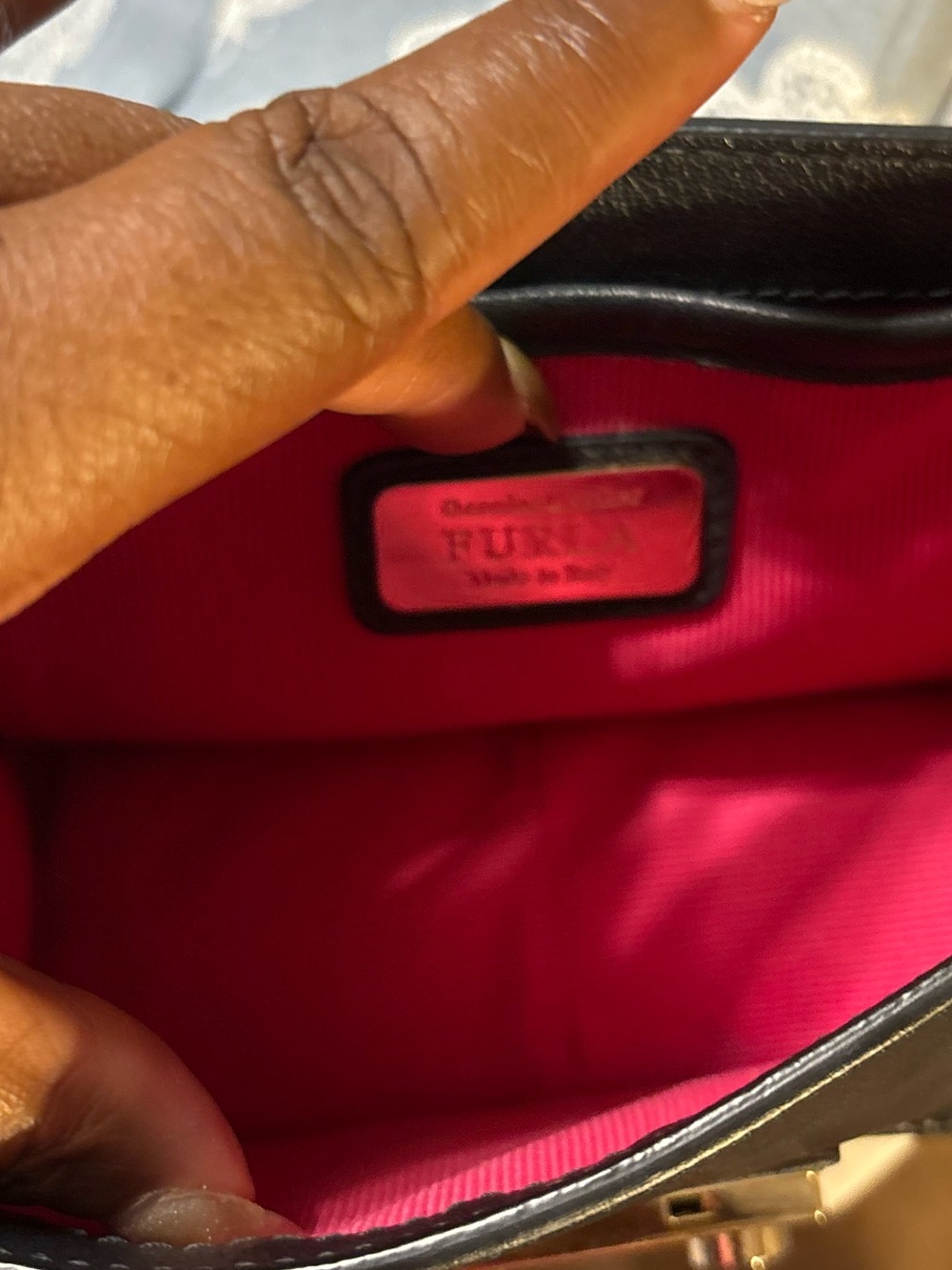 Furla Black Leather Crossbody with Leopard Fur Print Flap and Red Accents - Picture 6 of 8
